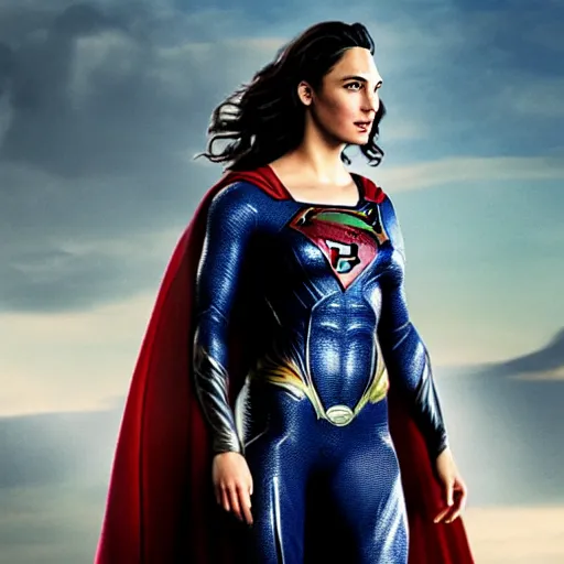 Image similar to an potrait of gal Gadot cast of movie man of steel and wearing a superman suit, photorealistic high detail, cinematic, high quality.