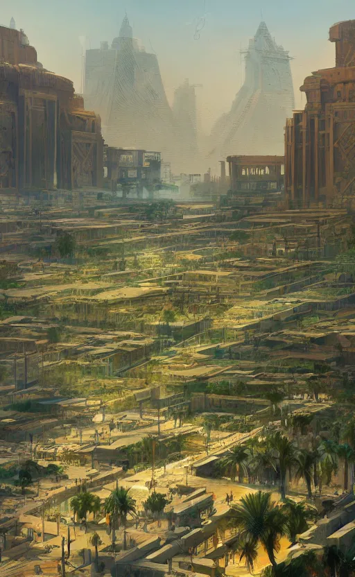 Image similar to Prosperous verdant high tech city in ancient Egypt, masterpiece digital painting by Greg Rutkowski, Alex Grey, artstation, 4k wallpaper