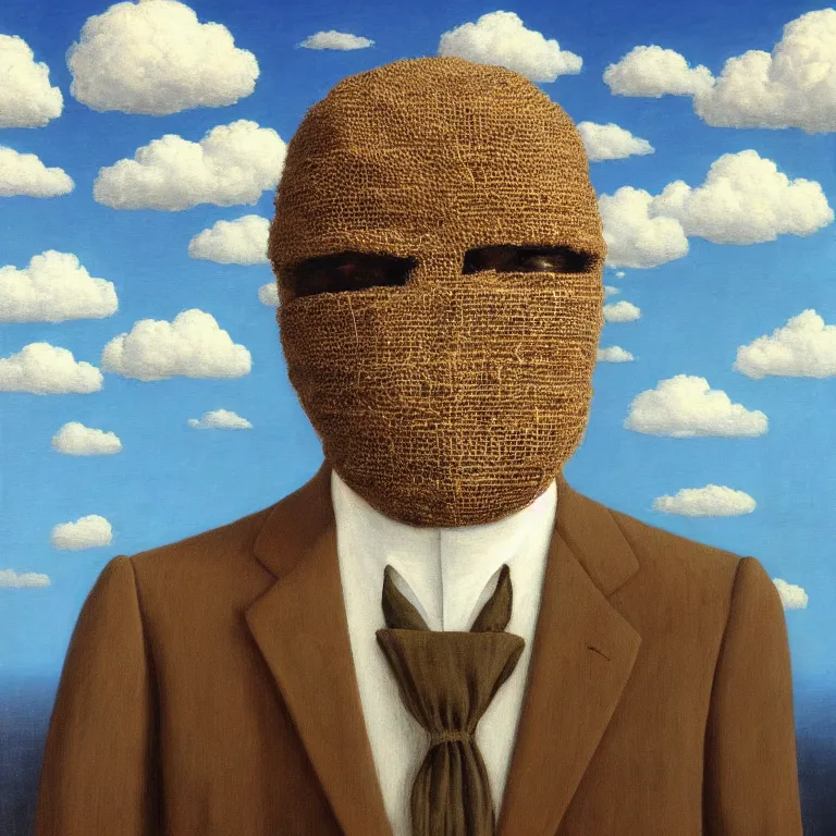 Image similar to portrait of a faceless burlap sack - head man in a suit, clouds in the background, by rene magritte, detailed painting, distance, centered, hd, hq, high resolution, high detail, 4 k, 8 k