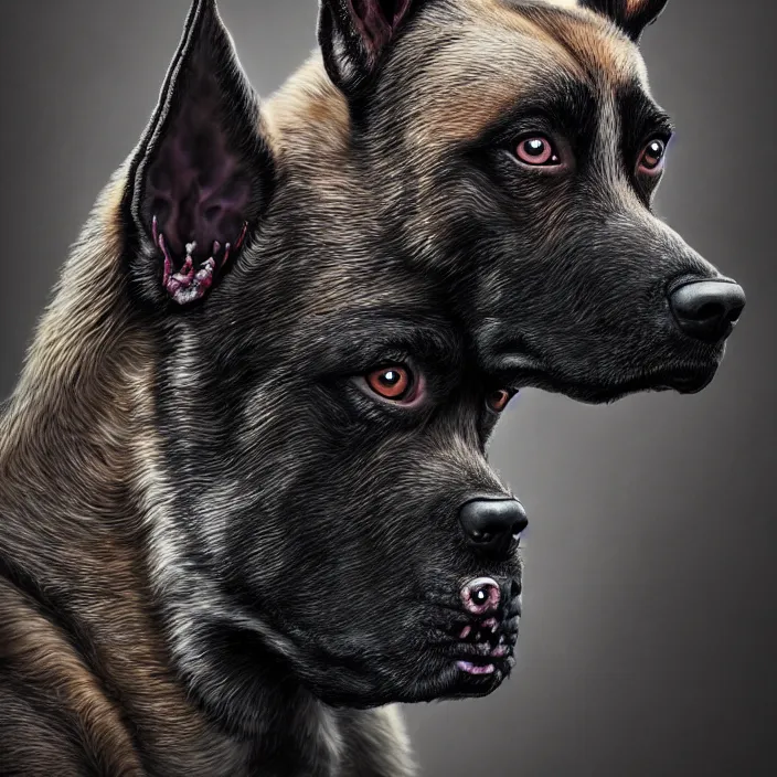 Image similar to portrait of zombie belgian-malinois. intricate abstract. intricate artwork. by Tooth Wu, wlop, beeple, dan mumford. octane render, trending on artstation, greg rutkowski, very coherent symmetrical artwork. cinematic, hyper realism, high detail, octane render, 8k, iridescent accents, deep blacks