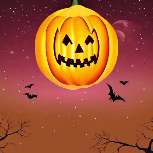 Image similar to cartoon tattoo of a halloween pumpkin with glowing eyes on arm with light shading in the background, night time scene in graveyard with full moon and bats flying, mist