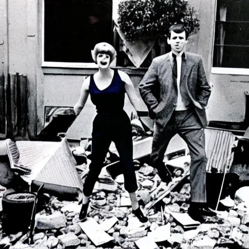 Prompt: 1 9 6 0 s newspaper photo of : they were careless people, tom and daisy - they smashed up things and creatures and then retreated back into their money or their vast carelessness or whatever it was that kept them together, and let other people clean up the mess they had made.