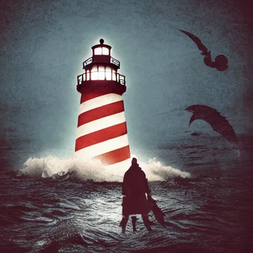 Image similar to lighthouse in the middle of the ocean, covered in silent hill style sigils, horror, person standing with a lantern centered in the foreground, spooky, scary