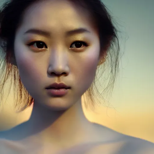 Image similar to photographic portrait of a stunningly beautiful asian renaissance female in soft dreamy light at sunset, beside the river, soft focus, contemporary fashion shoot, in a denis villeneuve and tim burton movie, by edward robert hughes, annie leibovitz and steve mccurry, david lazar, jimmy nelsson, extremely detailed, breathtaking, hyperrealistic, perfect face, octane render