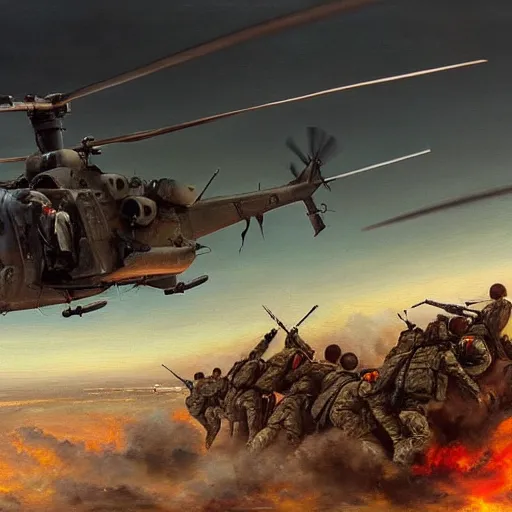 Prompt: a painting of soldiers falling out of a helicopter in the gulf war by Bernardo Bellotto, high detail, hyperrealistic, concept art, artstation, 8k