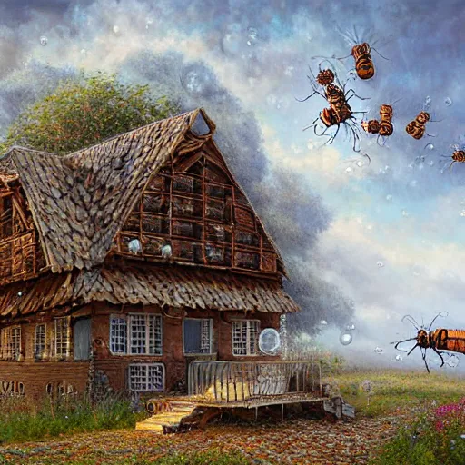 Prompt: a house made out of honeycombs and bubbles, a hyperrealistic painting by krzysztof boguszewski, cgsociety contest winner, fantasy art, made of insects, fractalism, tesseract