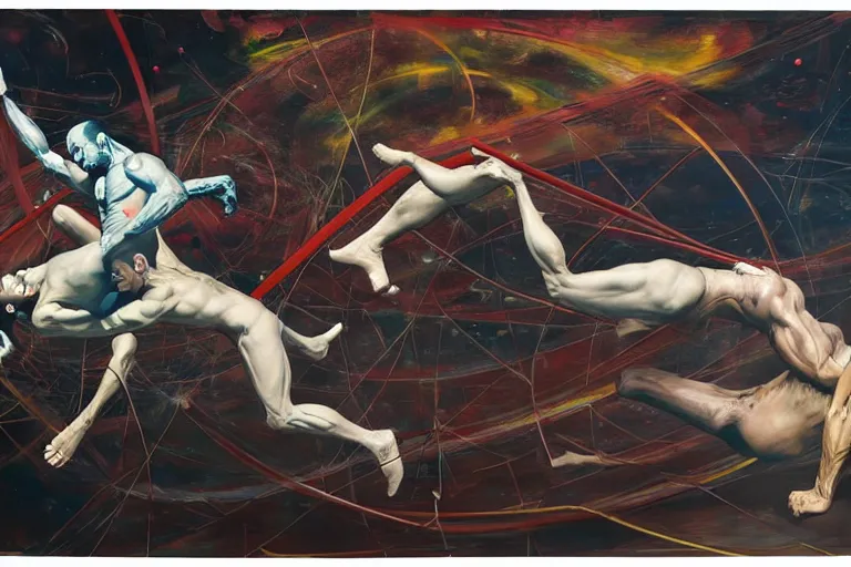 Image similar to two muscular men entwined, floating in space, zero gravity, inside a brutalist space ship, gothic, rich deep colours, painted by francis bacon, adrian ghenie, james jean and petra cortright, part by gerhard richter, part by takato yamamoto. 8 k masterpiece