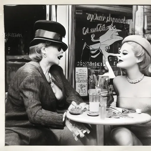 Prompt: professional archival photo of a glamorous woman and her friend, a puppet that looks like Caspar the Friendly Ghost, in a sidewalk cafe in paris, wearing berets, 16mm film soft color, earth tones and some primary colors 1976, archival footage, in style of doris wishman russ meyer, woman looks like sofia loren