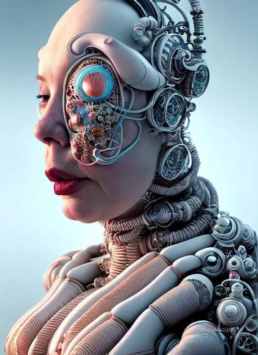 Image similar to portrait of an absurdly ugly, awful disgusting fat gross woman, fashionable cyberpunk mechanoid, hong kongcity, hyperdetailed illustration by irakli nadar and alexandre ferra, intricate linework, white porcelain skin, faberge, coral headdress, unreal engine 5 highly rendered, global illumination, radiant light, detailed and intricate environment