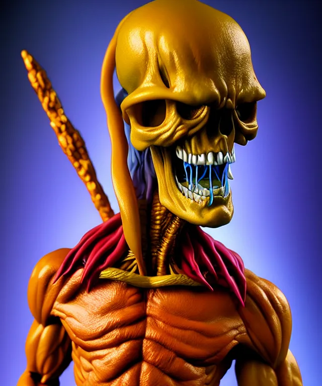 Image similar to hyperrealistic rendering, skeletor, by art of skinner and richard corben and jeff easley, product photography, action figure, sofubi, studio lighting, colored gels