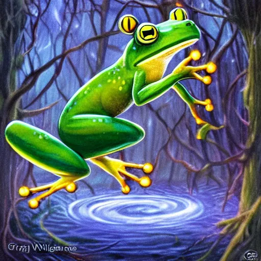 Image similar to mischievous forest spirit darts through the air over a frog pond at night. magic swirls in the air. the spirit grins with glee. by kevin walker, by greg staples, by daarken, by terese nielsen,