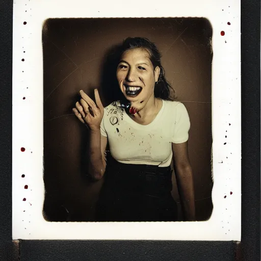 Prompt: hand with bloody fingernails emerging from mouth. portrait of a smiling woman with many teeth. hq photo, surreal, harsh lighting. polaroid type 6 0 0. fear. unnerving. menacing. supernatural