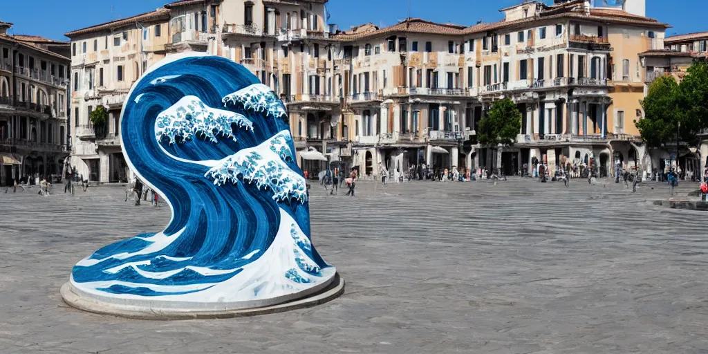 Image similar to A white and blue marble sculpture of The Great Wave off Kanagawa in the middle of an empty Italian piazza without people, midday, 4k photograph, sunny day, long shot