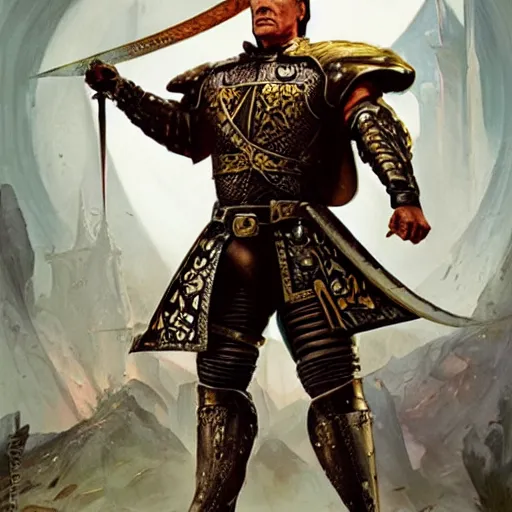 Prompt: arnold schwarzenegger as a medieval knight, holding rapier, fantasy, intricate, elegant, artstation, concept art, smooth, sharp focus by huang guangjian and gil elvgren and sachin teng