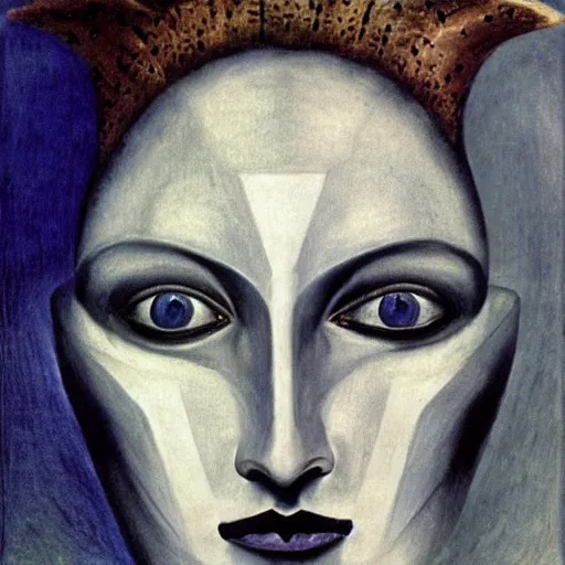 Image similar to Close-up of the cenobite woman, pencil drawing. El Greco, Remedios Varo, Salvador Dali, Carl Gustav Carus, John Atkinson Grimshaw. Blue tint. Symetrical, logo, geometric shapes.