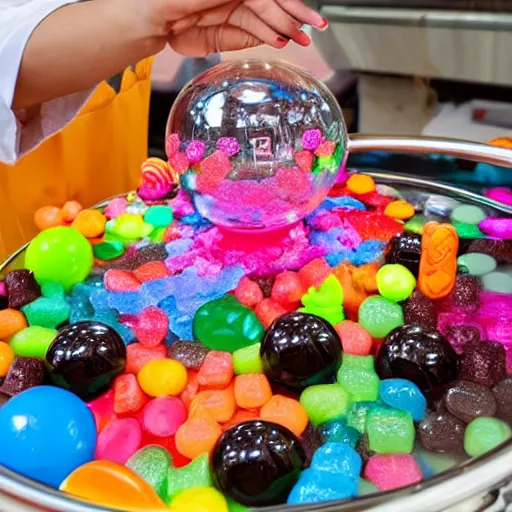 Image similar to A candy-maker melts down her creations in a cauldron that is made up of different types of sweets. It looks like an old-fashioned cauldron made out of sugar, candy, gumdrops, and other sweet treats. In the center, there is a large crystal ball floating above it with various kinds of candies on top of it. The candies move around the ball. A small hole at the bottom lets steam escape from the cauldron.