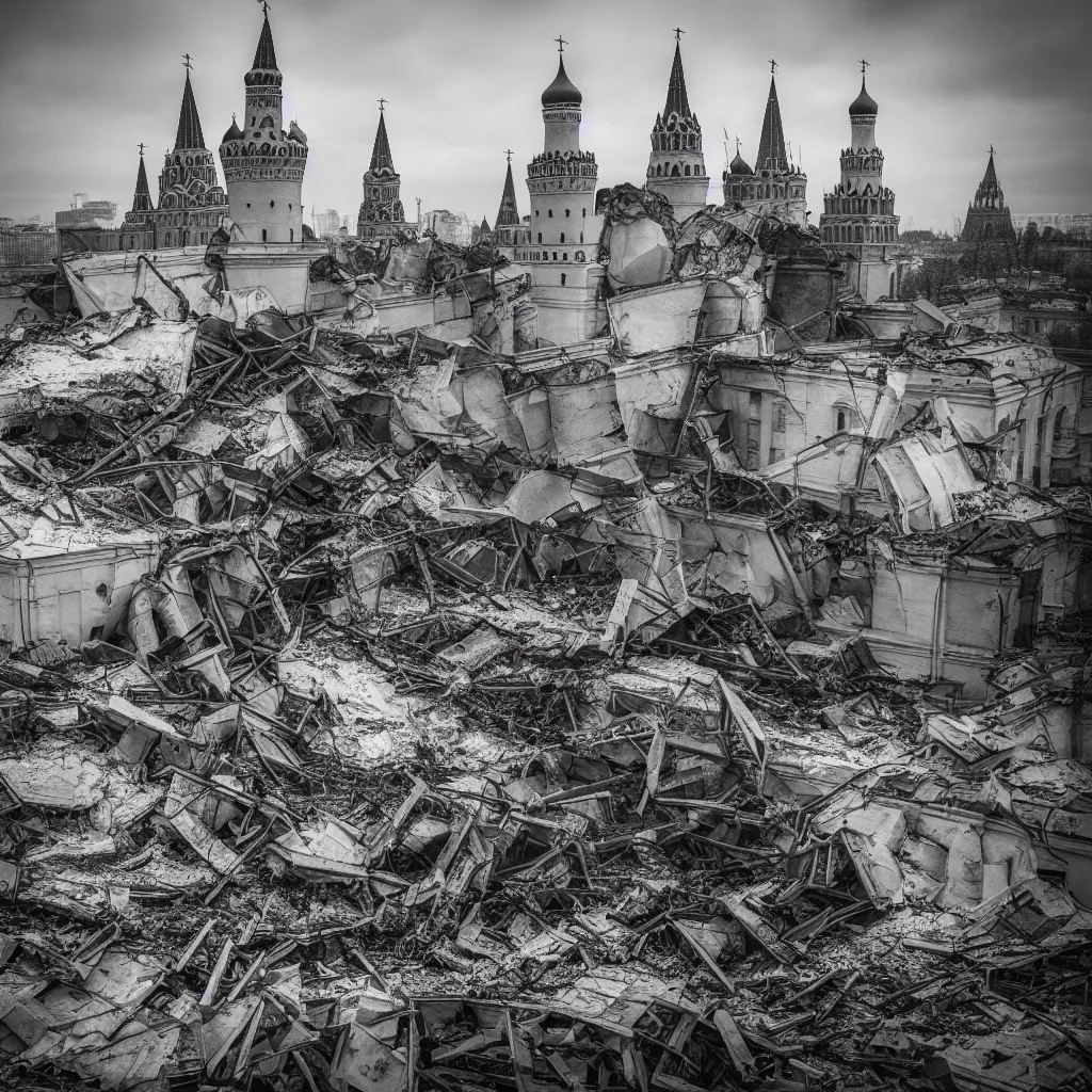 Prompt: collapse of kremlin moscow, destruction, chaos, 4 k, realistic, professional photography