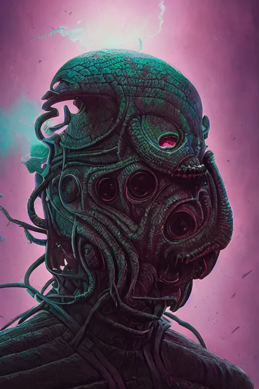 Image similar to rick and morty fused with lovecraft and vader helmet and predator, realistic portrait, high details, intricate details, by vincent di fate, artgerm julie bell beeple, 90s, Smooth gradients, octane render, 8k, volumetric lightning, photo, High contrast, depth of field, very coherent symmetrical artwork