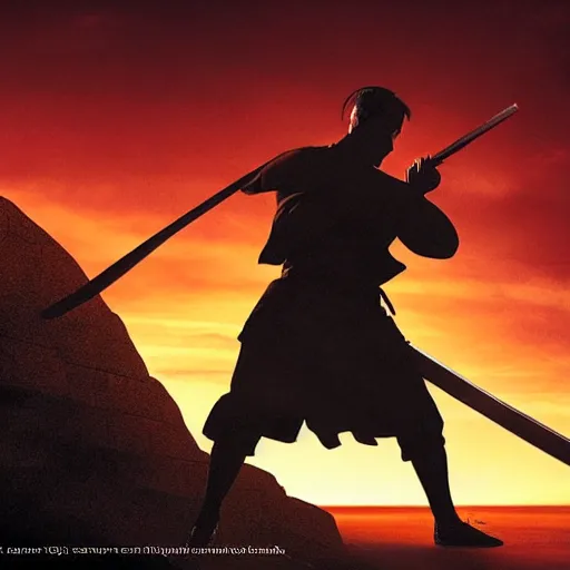 Image similar to epic movie cover depicting a samourai facing the sunset, cinematic lighting