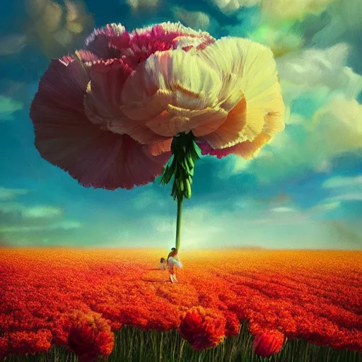 Image similar to giant carnation flower face, girl in a flower field, surreal photography, sunrise dramatic light, impressionist painting, colorful clouds, digital painting, artstation, simon stalenhag, flower face