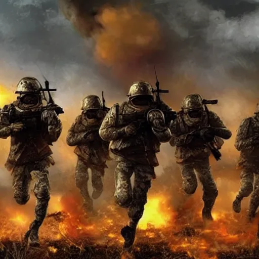 Image similar to hyper realism, realistic apocalyptic war scene, explosions, science - fiction soldiers running with armour in the middle of explosions and bullets,