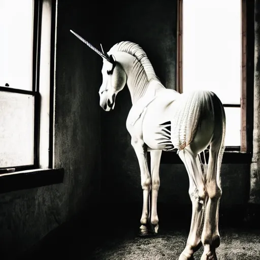 Prompt: a photograph of a unicorn horse ( skeleton ) standing next to an open window, dramatic lighting, cinematic