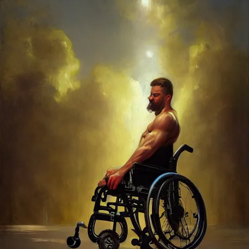 Prompt: handsome portrait of a wheelchair guy fitness posing, radiant light, caustics, war hero, smooth, one legged amputee, reflective ocean tropical, lush beach surroundings, by gaston bussiere, bayard wu, greg rutkowski, giger, maxim verehin