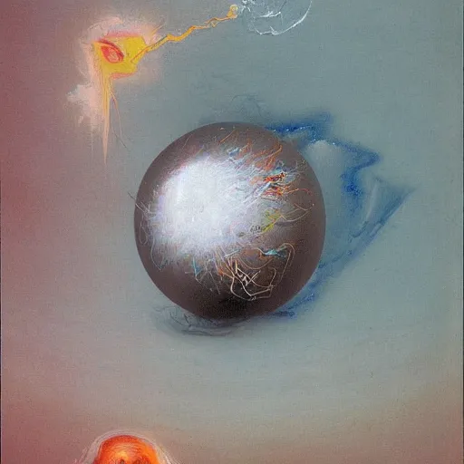 Image similar to a sphere being devoured by abstract splatters of white paint in the style of francis bacon, venus being engulfed in white flames in the style of james jean, surreal, beksinski, high detailed