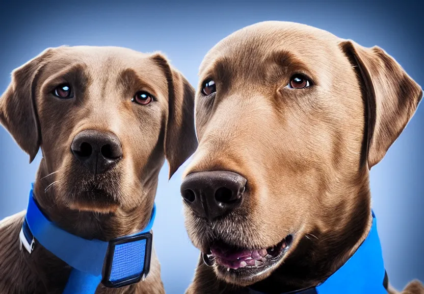 Prompt: man with the head of a labrador wearing a vicars collar in a blue suit, octane render, head & shoulders, futuristic