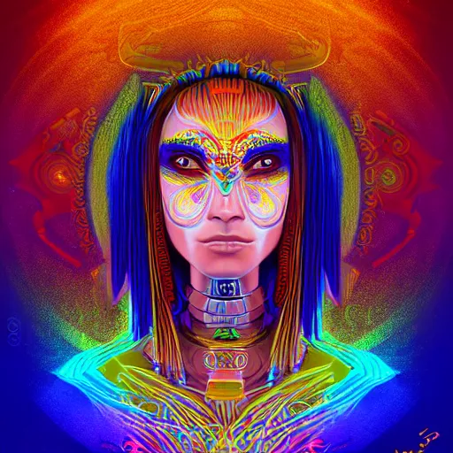 Prompt: portrait of a future metaverse tech Ayahuasca shaman warrior, 2D cartoon, visionary art, symmetric, Magick symbols, holy halo, shipibo patterns, sci-fi, concept art, trending on art station, 8k digital art