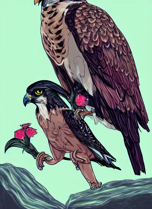 Prompt: falcon bird wearing a leather clothing, anime style illustration, pastel colors, trending on artstation, high quality