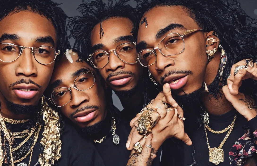 Image similar to photo of the rap trio migos members quavo, offset and takeoff, product shot, macro, hyper realistic, 4 k, 8 k