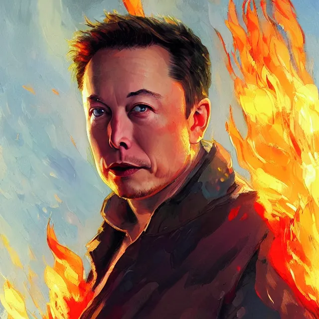 Prompt: Elon Musk as a firebender, portrait, elegant, intricate, digital painting, artstation, concept art, smooth, sharp focus, illustration, art by konstantin korovin and Daniel F. Gerhartz and john howe