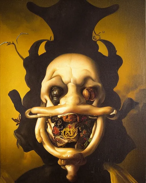 Prompt: refined dutch golden age vanitasgorgeous blended oil painting with black background by christian rex van minnen rachel ruysch dali todd schorr of a chiaroscuro portrait of an extremely bizarre disturbing mutated man with shiny skin acne dutch golden age vanitas intense chiaroscuro cast shadows obscuring features dramatic lighting perfect composition masterpiece