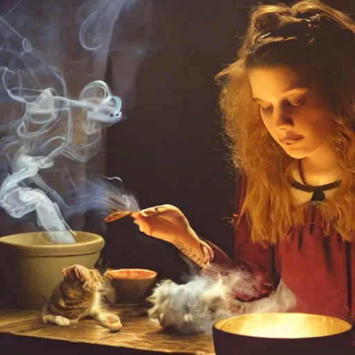 Image similar to teen witch mixing a spell in a cauldron, wispy smoke, studio lighting, a tabby cat watches her work, light is coming out of the cauldron, ingredients on the table, apothecary shelves in the background, still from the tv show just add magic