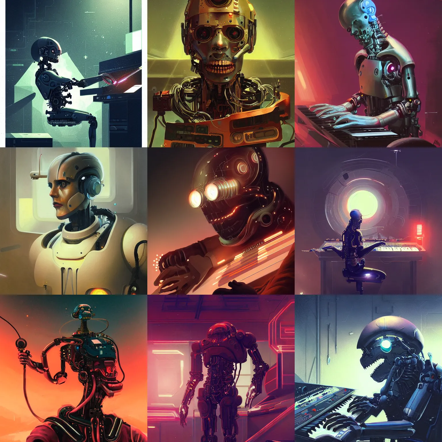 Prompt: portrait of rubbery cyborg playing a synthesizer, sharp features, science fiction concept art by Greg Rutkowski and Anato Finnstark