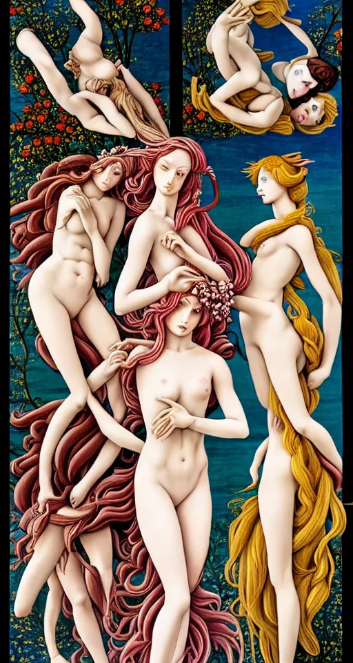 Image similar to 12 figures, representing the 4 seasons, (Spring, Summer, Autumn and Winter), in a mixed style of Botticelli and Æon Flux!!, inspired by pre-raphaelite paintings, shoujo manga, and cyberpunk!, stunningly detailed, elaborate inking lines, pastel colors, 4K photorealistic