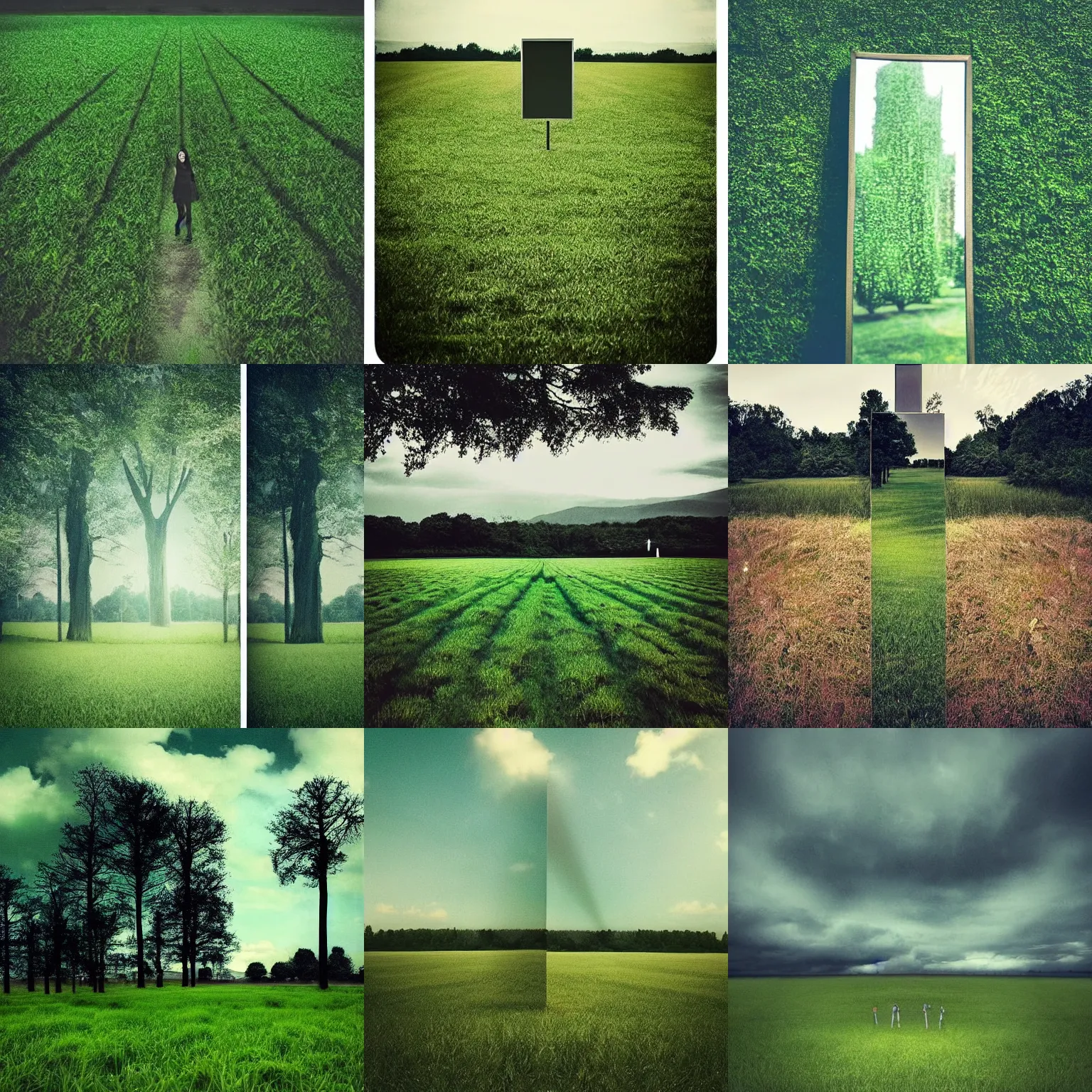 Prompt: several tall mirrors standing in a green field, photorealistic instagram post, ominous, dreamy, liminal