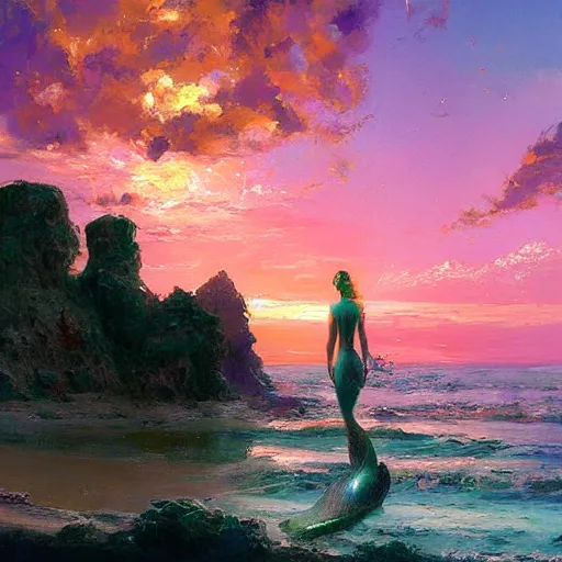 Image similar to twin flame pleadians with mermaid towers and sparkling ocean with pink sunset and mermaids swimming hue highly detailed oil painting hue by craig mullins