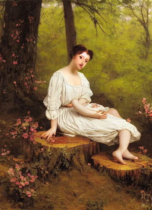 Image similar to closeup portrait of an attractive young lady wearing a floral dress, sitting on a treestump in the woods, by Jean-Leon Gerome