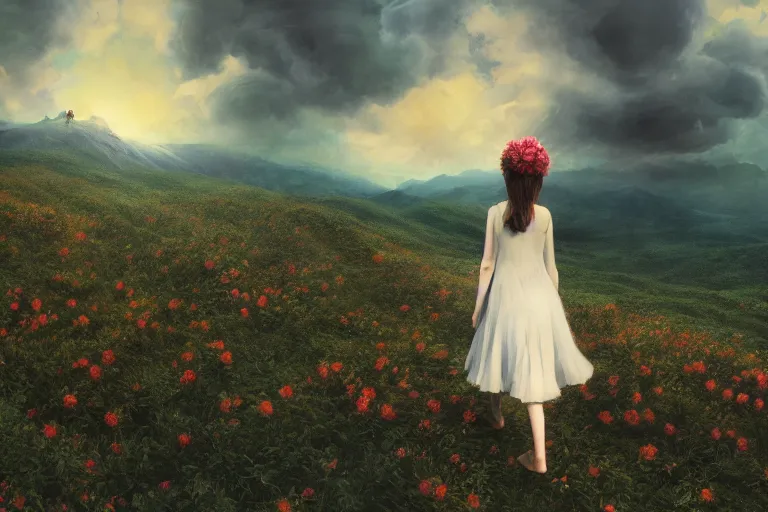 Image similar to giant dahlia flower crown under head, girl walking on mountain, surreal photography, blue storm clouds, dramatic light, impressionist painting, digital painting, artstation, simon stalenhag