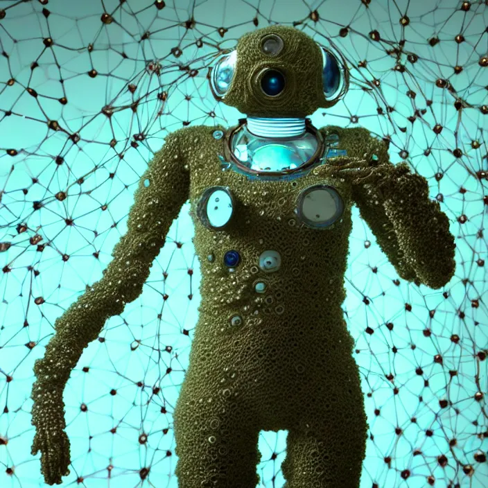 Image similar to a cybernetic symbiosis of a single astronaut mech-organic eva suit made of pearlescent wearing knitted shiny ceramic multi colored yarn thread infected with diamond 3d fractal lace iridescent bubble 3d skin dotted covered with orb stalks of insectoid compound eye camera lenses floats through the living room, film still from the movie directed by Denis Villeneuve with art direction by Salvador Dalí, wide lens,kevlar,carbon fiber,ceramics,gaseous materials,