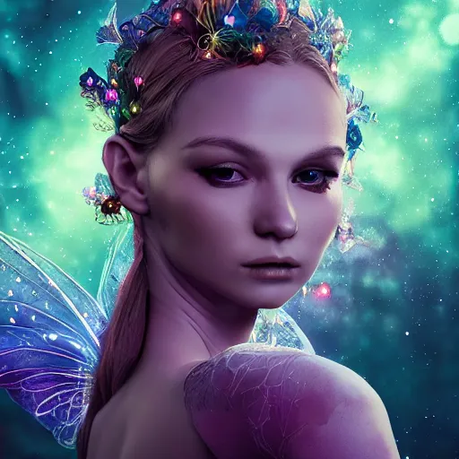 Image similar to portrait of a magical fairy made of galaxies, highly detailed, realistic, octane render, comic book art, space travel, unreal engine, sharp focus