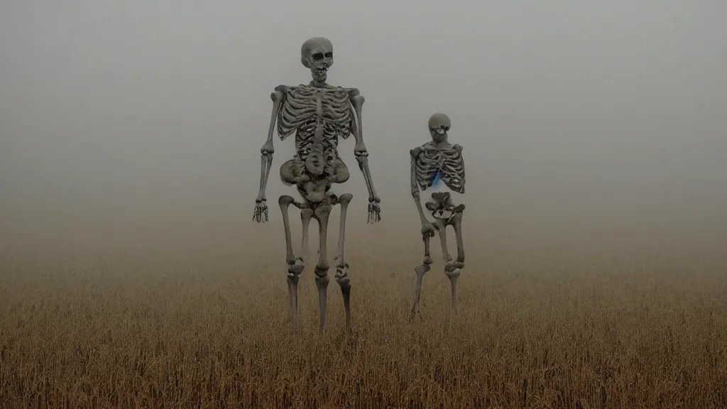 Prompt: a skeleton standing in a stomry, foggy wheat field, a scene from the x - files, fine details