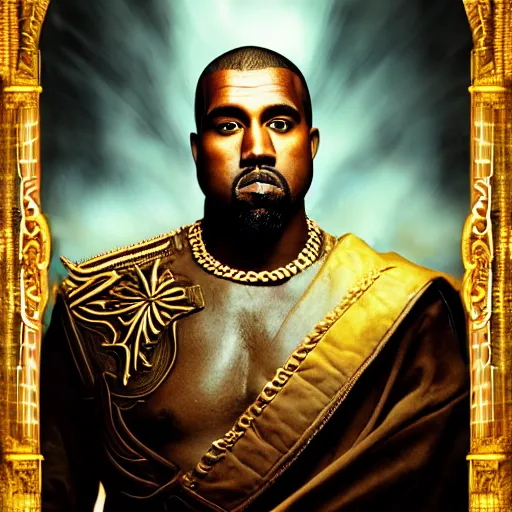 Image similar to Portrait of Kanye West as the god-emperor of mankind, amazing splashscreen artwork, splash art, natural light, elegant, intricate, fantasy, atmospheric lighting, cinematic, matte painting