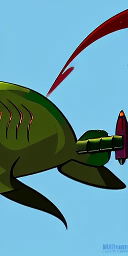 Image similar to antropomorphic muscular mutant shark with rocket launcher. From Teenage mutant ninja tourtles movie. extreme long shot from below.