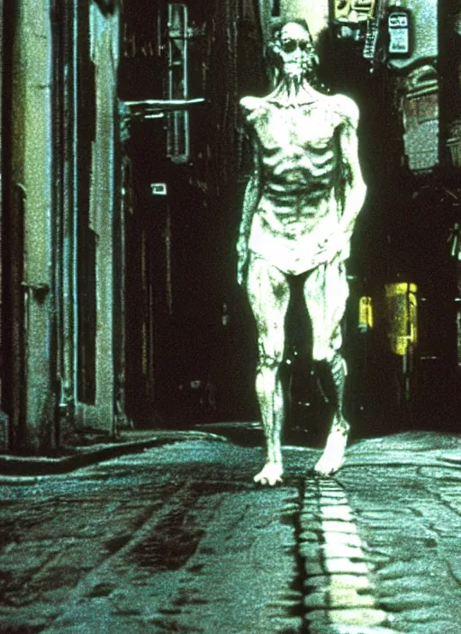 Prompt: cinestill night portrait of a human monster walking on the street horror practical fx by david cronenberg and terence fisher