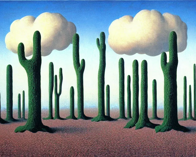 Image similar to magritte imagination. quicksand, desert sand. ancient gods of earth and rain ascend out of the ground. midnight rainstorm, bright floodlights, ancient prophecy. award winning, museum exhibit