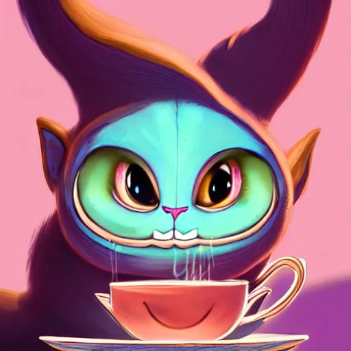 Image similar to cheshire cat drinking tea, by cory loftis, character art, art, very coherent, plain background, trending on artstation