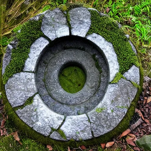 Prompt: stone stargate, mossy, portal to another world